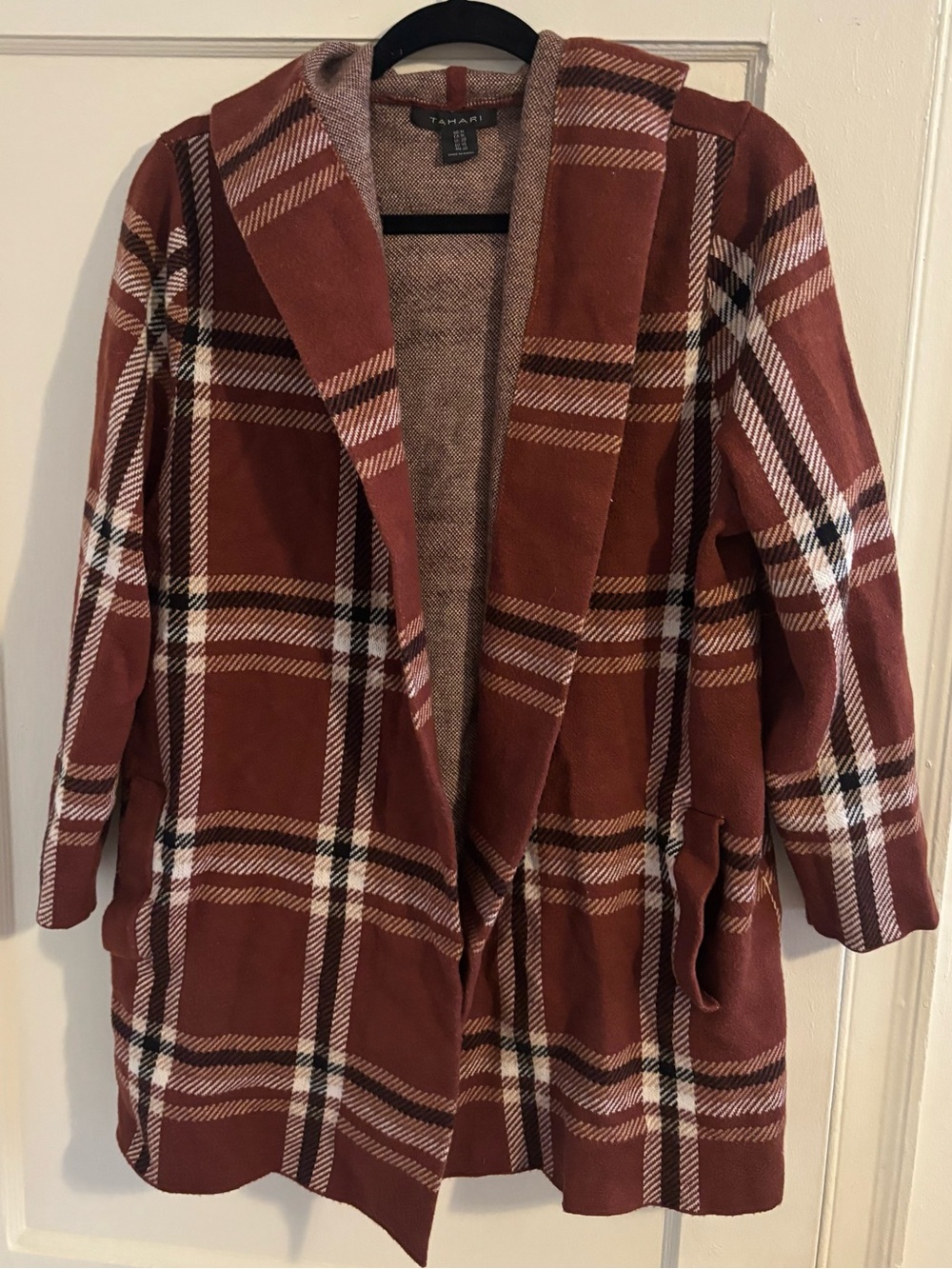 Tahari Rust Plaid Open-Front Trench Coatigan